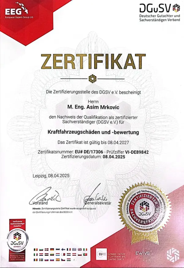 Zertifikate von Kfz Gutachter M. Eng. Asim Mrkovic für Schadengutachten