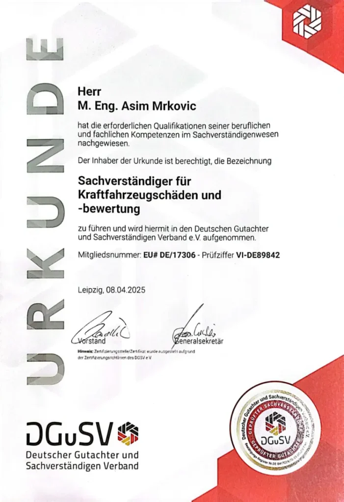 Zertifikate von Kfz Gutachter M. Eng. Asim Mrkovic für Schadengutachten