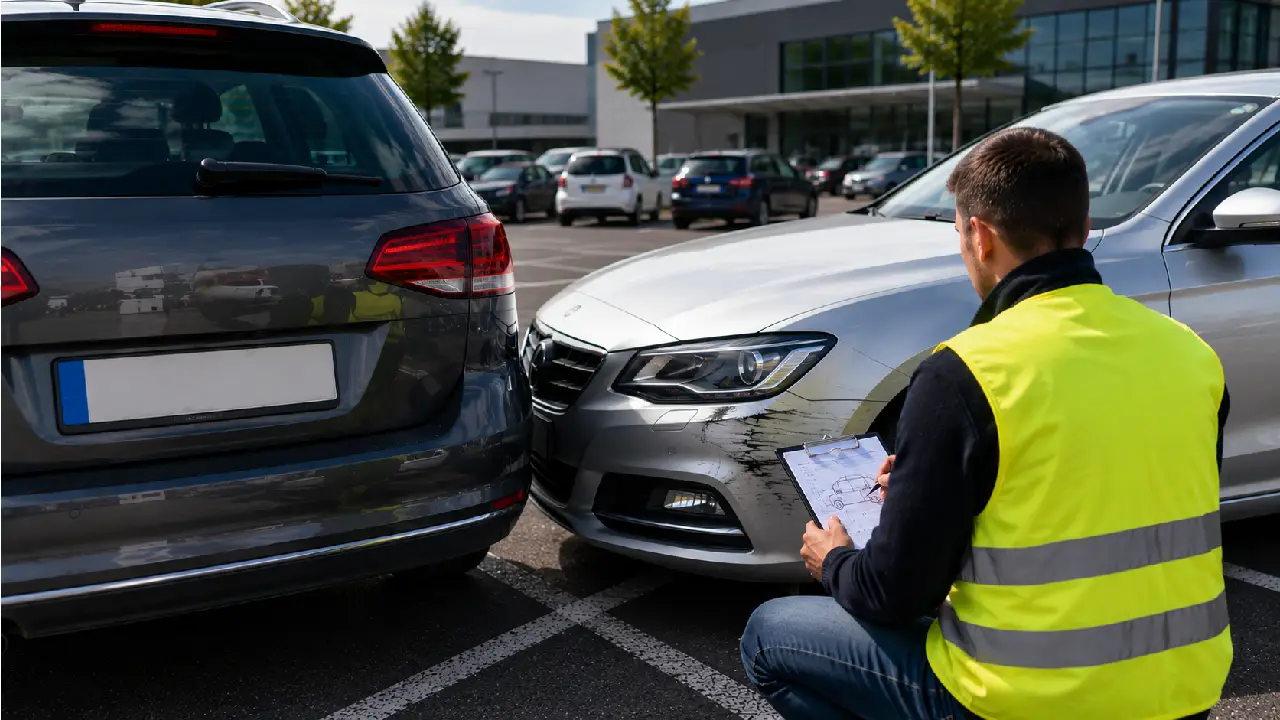 Auto-vjestak dokumentuje stetu nakon sudara pri izlasku rikvercom na parkingu